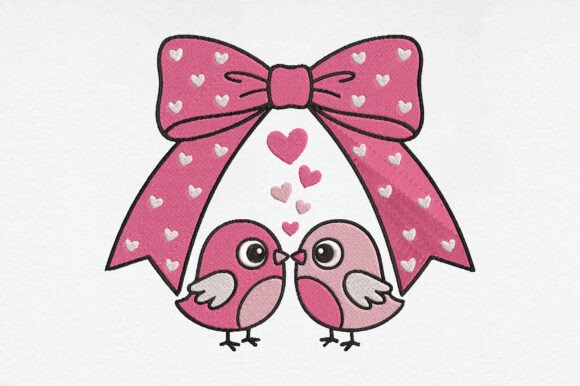 Cute Love Birds with Bow Embroidery